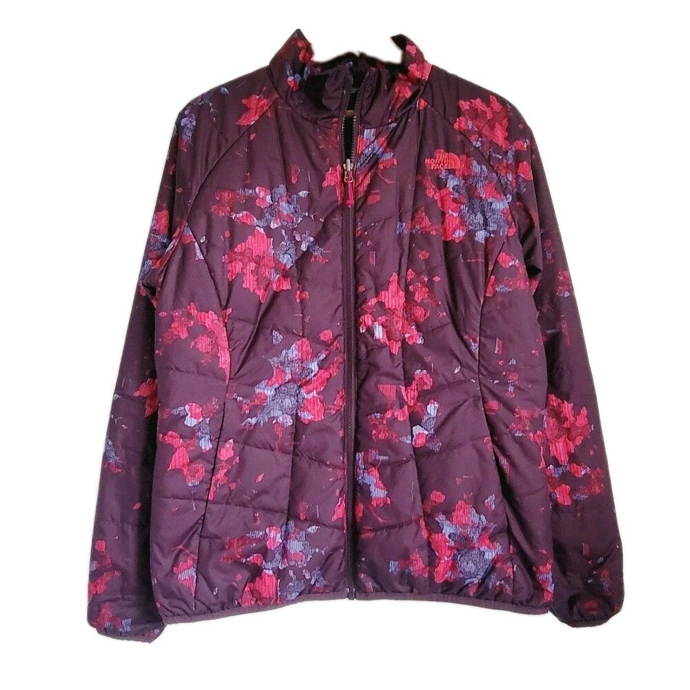 The North Face Womens Floral Puffer Jacket Burgundy Purple Size L Full Zip